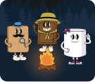 Scene of the graham cracker, marshmallow, and chocolate characters that will be part of the the campfire stories game at the Medallion Labs booth at IFT gathered around a campfire.